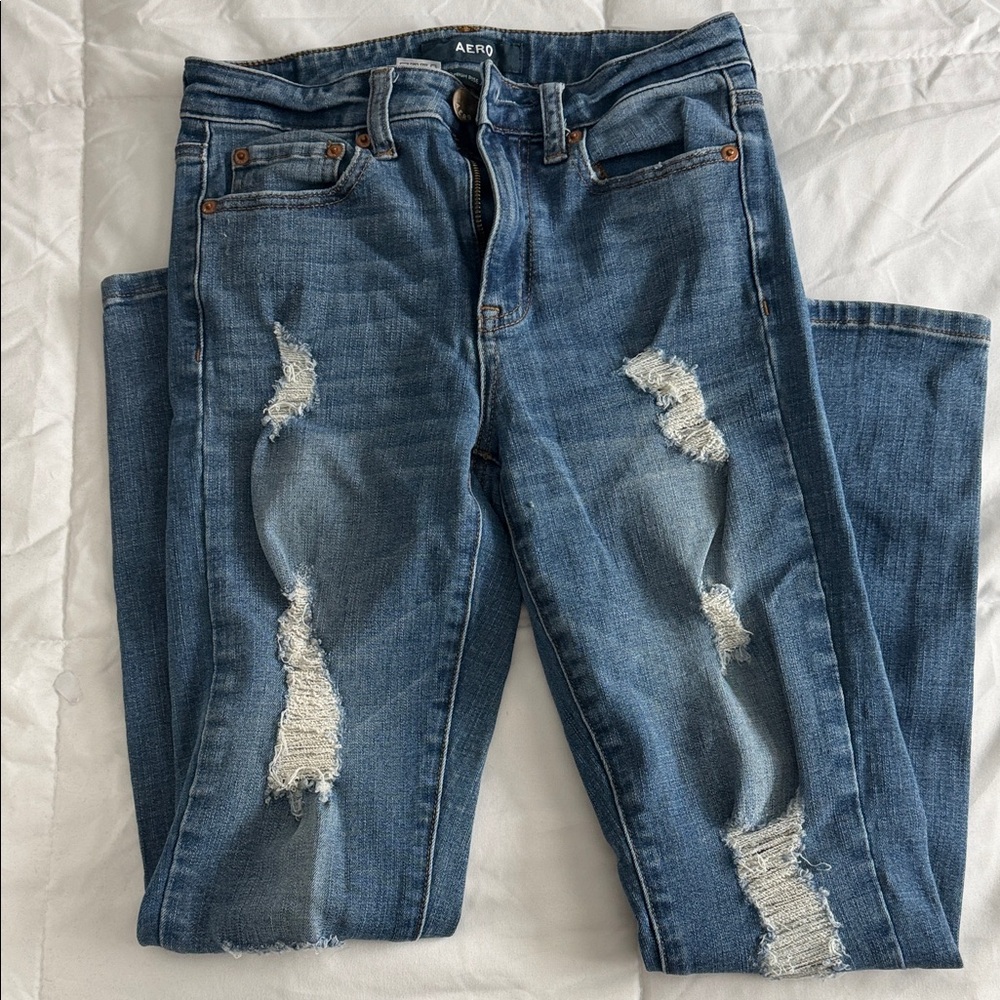 Aeropostale Women's Ripped Blue High Rise Skinny Jeans | Jegging